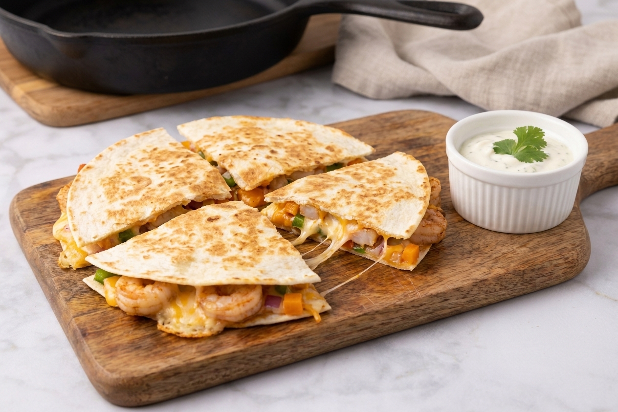 A single shrimp quesadilla cut into wedges on a wooden board, cheese melted and stretching slightly, with a small bowl of lime crema beside it on a warm kitchen counter