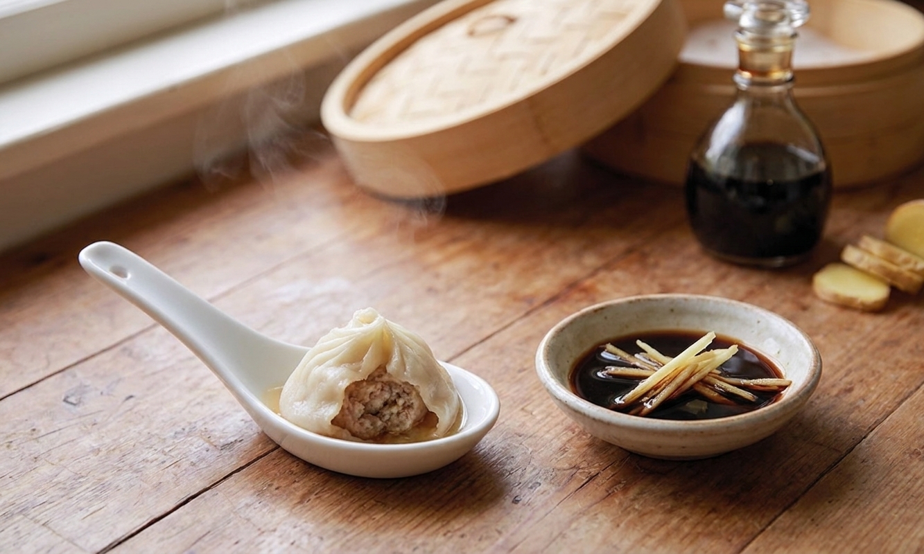 A single siu long bao sitting in a soup spoon with a small bite taken out, steam rising, with black vinegar and julienned ginger in a dipping dish nearby