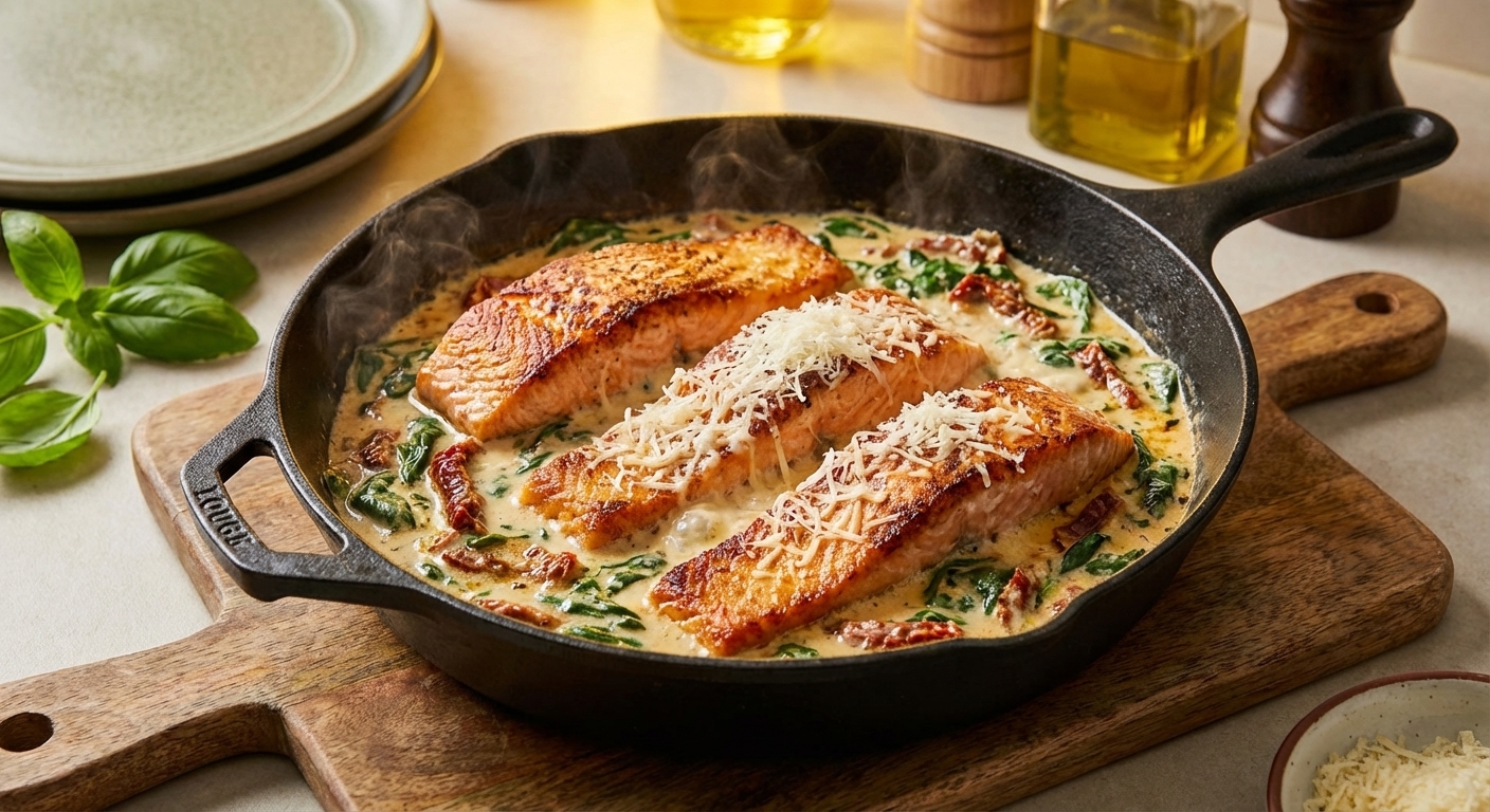 A single skillet filled with pan-seared salmon fillets nestled in a creamy sun-dried tomato and spinach sauce, steam rising, with grated Parmesan melting on top, warm kitchen lighting, photorealistic food photography