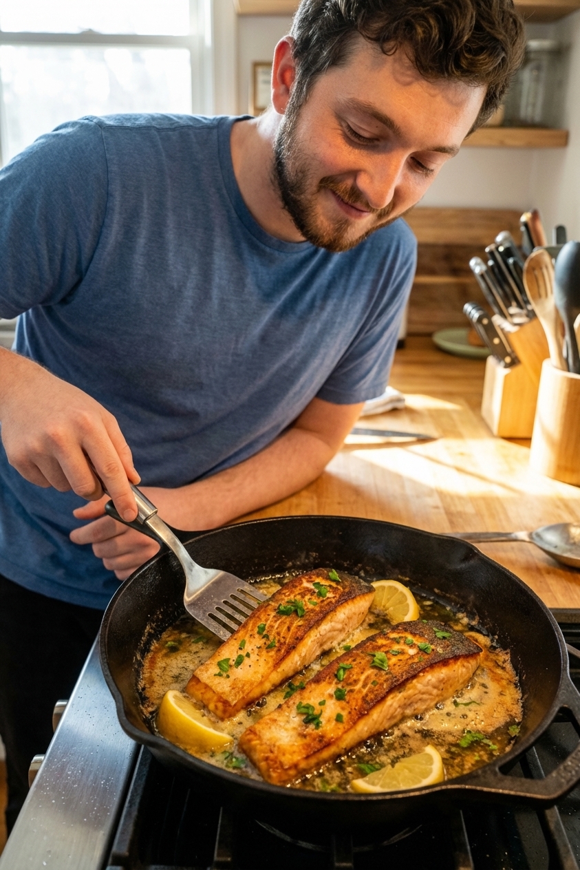 A single skillet with pan-seared salmon fillets, crispy golden edges, and a glossy lemon butter sauce pooling around the fish, with fresh lemon wedges and chopped parsley scattered on top, warm natural kitchen light, photorealistic food photography