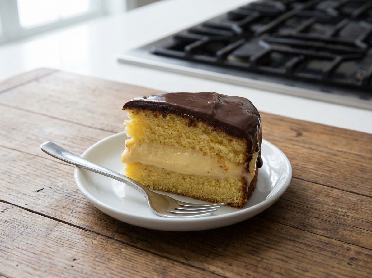 A single slice of Boston cream cake on a small dessert plate with a fork, showing the vanilla custard layer and glossy chocolate top on a wooden table