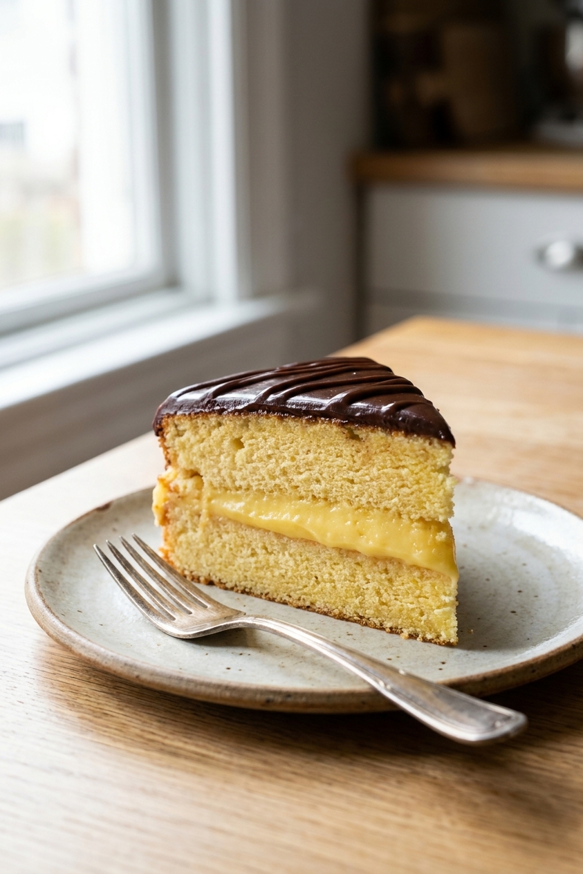 A single slice of Boston cream pie on a small dessert plate with visible vanilla sponge and custard layers, chocolate ganache on top, and a fork beside it in natural window light