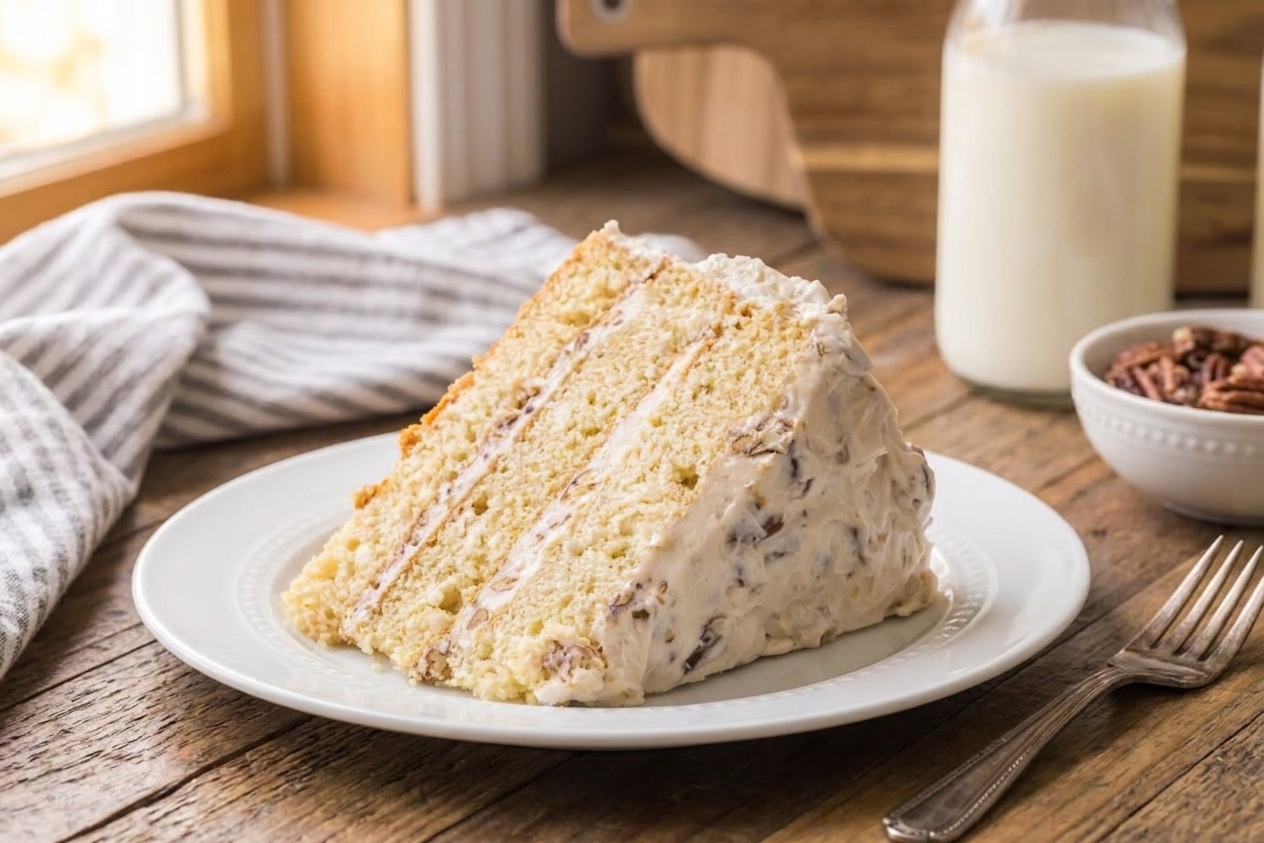 A single slice of Italian cream cake on a dessert plate with visible coconut and pecan bits in the crumb, set beside a fork on a wooden table