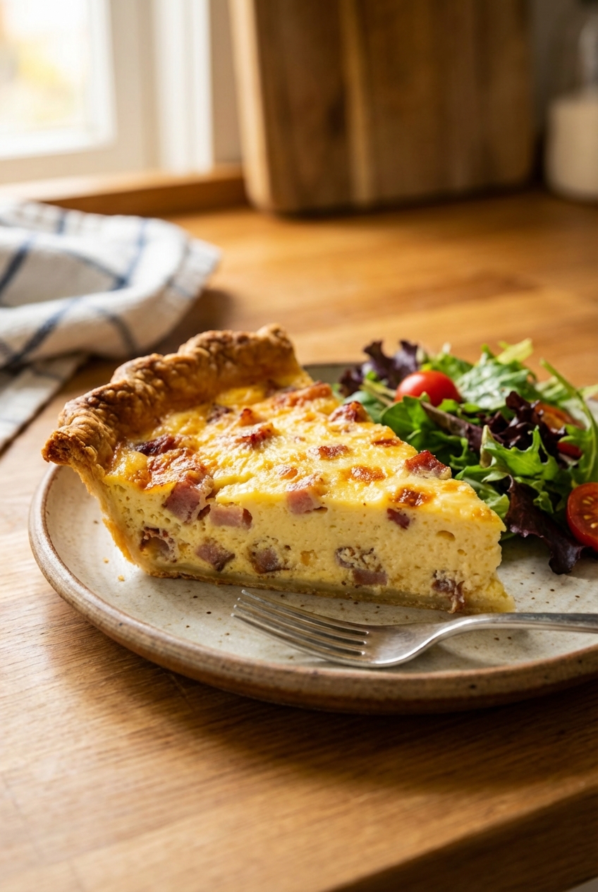 A single slice of Quiche Lorraine on a plate showing creamy custard with bacon pieces and a flaky crust edge