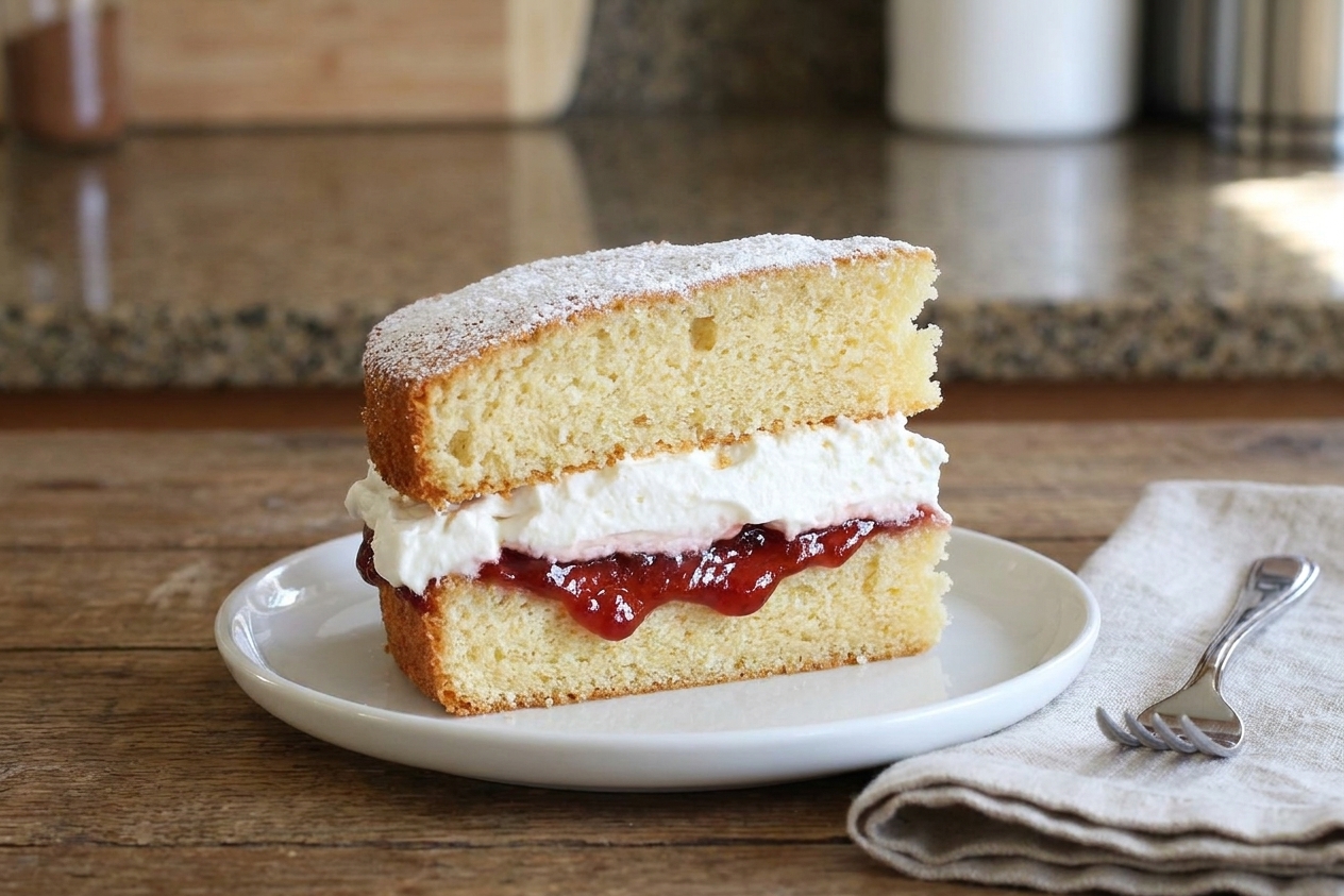 A single slice of Victoria sponge cake on a small plate showing layers of vanilla sponge, strawberry jam, and whipped cream on a simple table setting