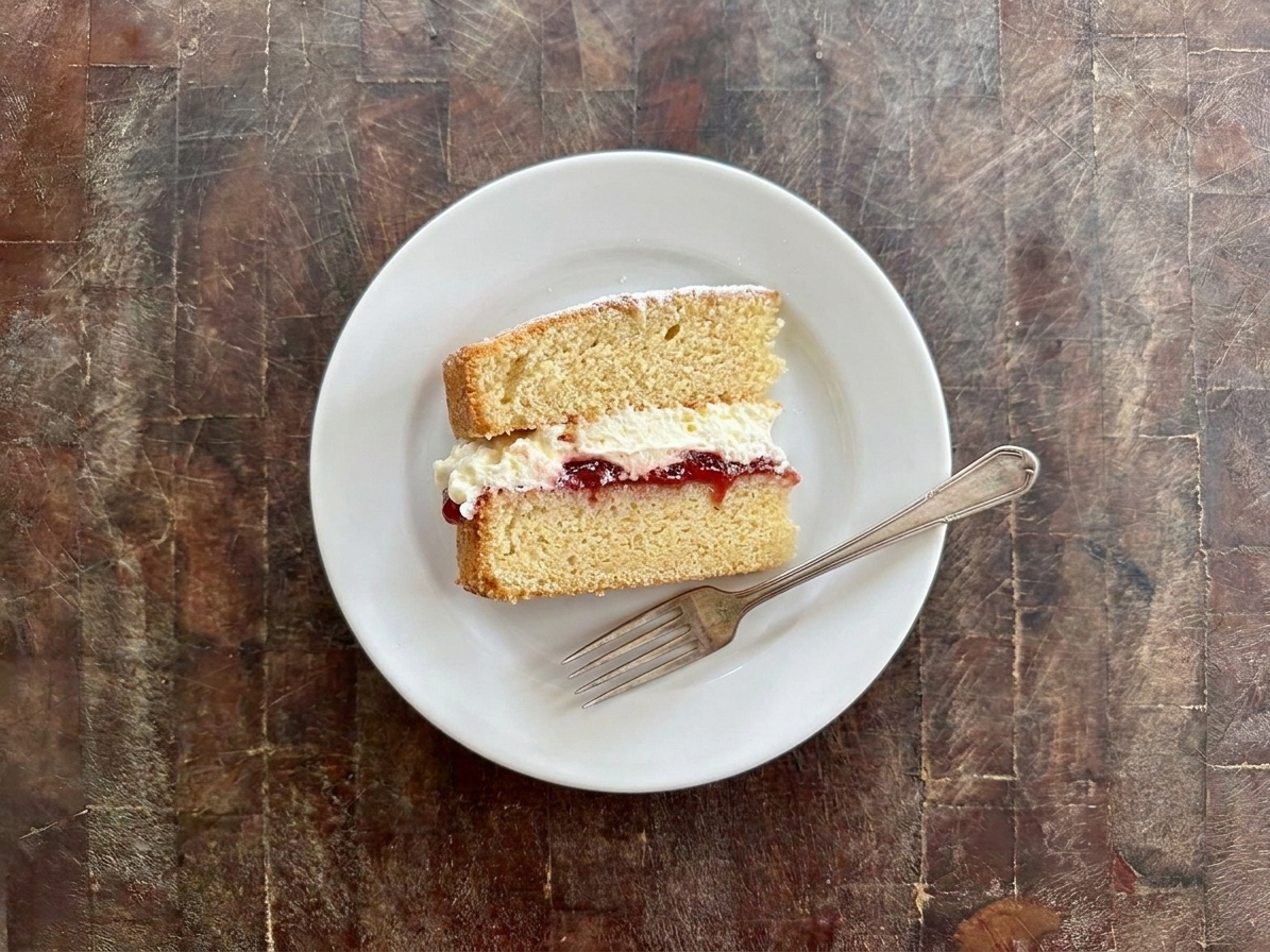 A single slice of Victoria sponge on a small plate with visible layers of whipped cream and strawberry jam on a wooden table
