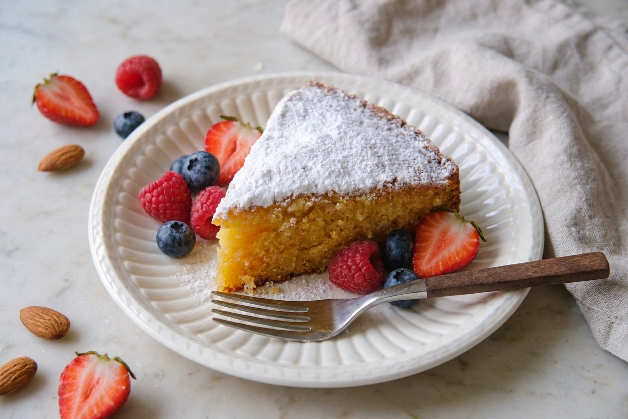 A single slice of almond cake served with fresh berries and a dusting of powdered sugar on a small plate