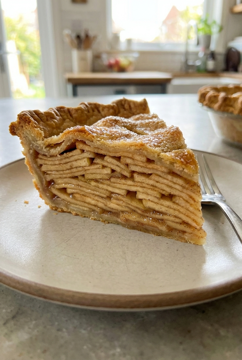 A single slice of apple pie on a plate showing layered apple slices and a flaky crust