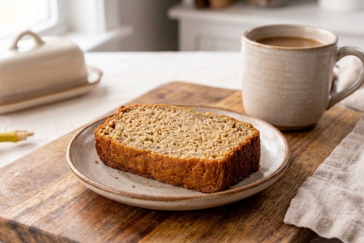 A single slice of banana loaf on a small plate set on a wooden table with a mug in the background