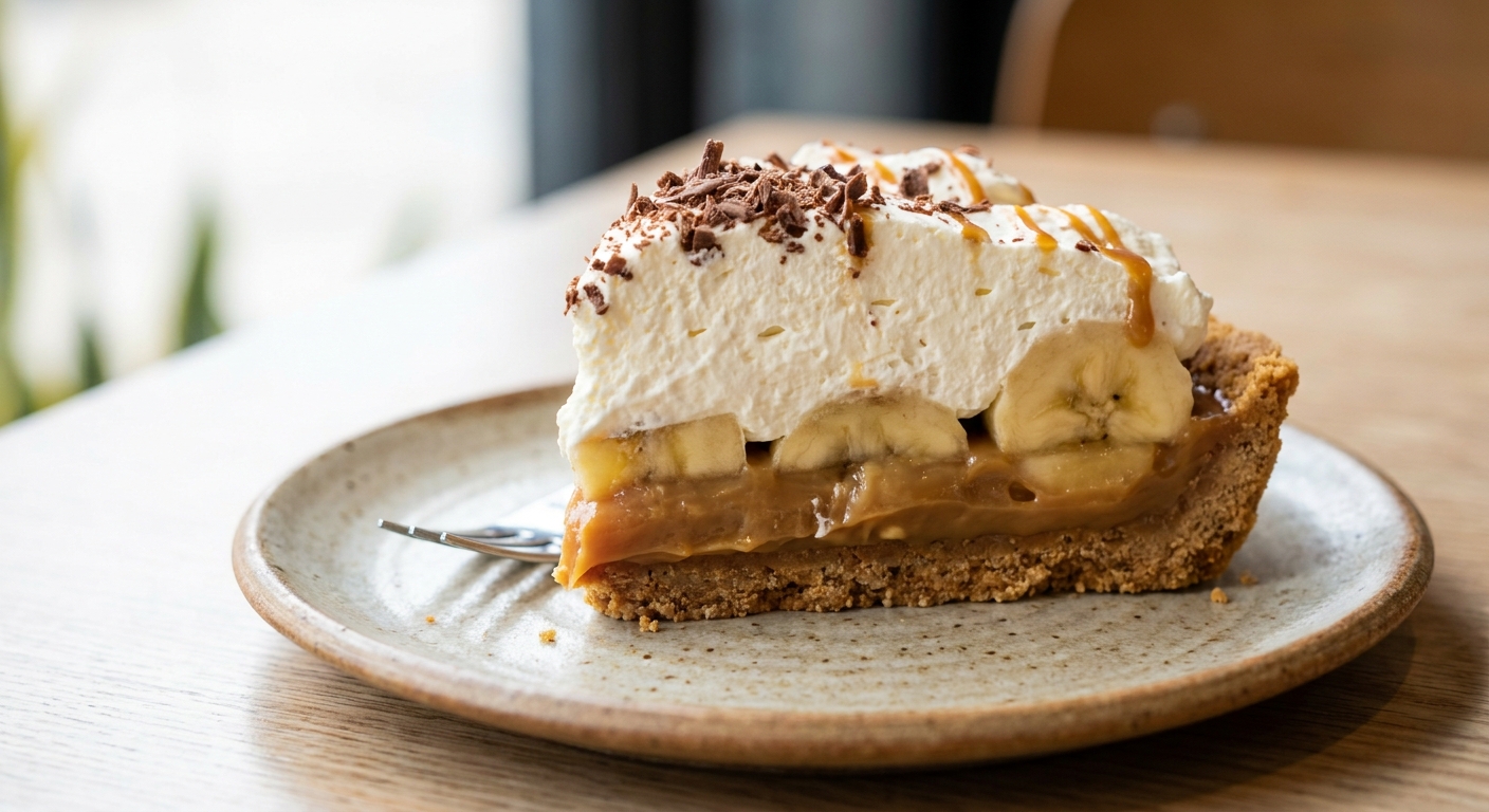 A single slice of banoffee pie on a dessert plate showing distinct layers of cookie crust, dulce de leche, banana slices, and whipped topping