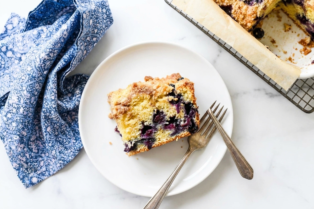 A single slice of blueberry buckle showing a tender crumb with blueberries and a cinnamon streusel top