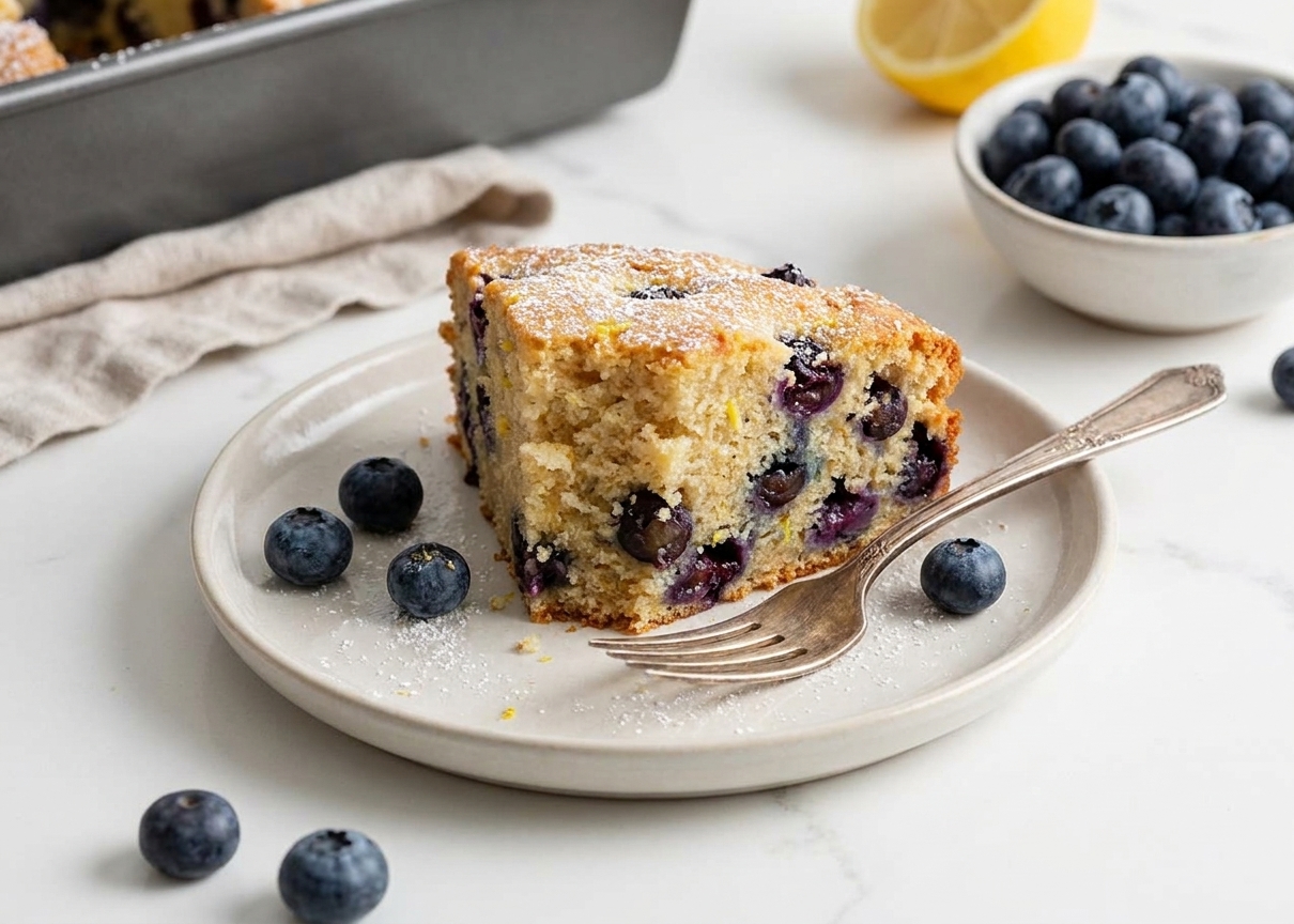 A single slice of blueberry cake on a small plate with a fork, showing a tender crumb and several whole blueberries near the center