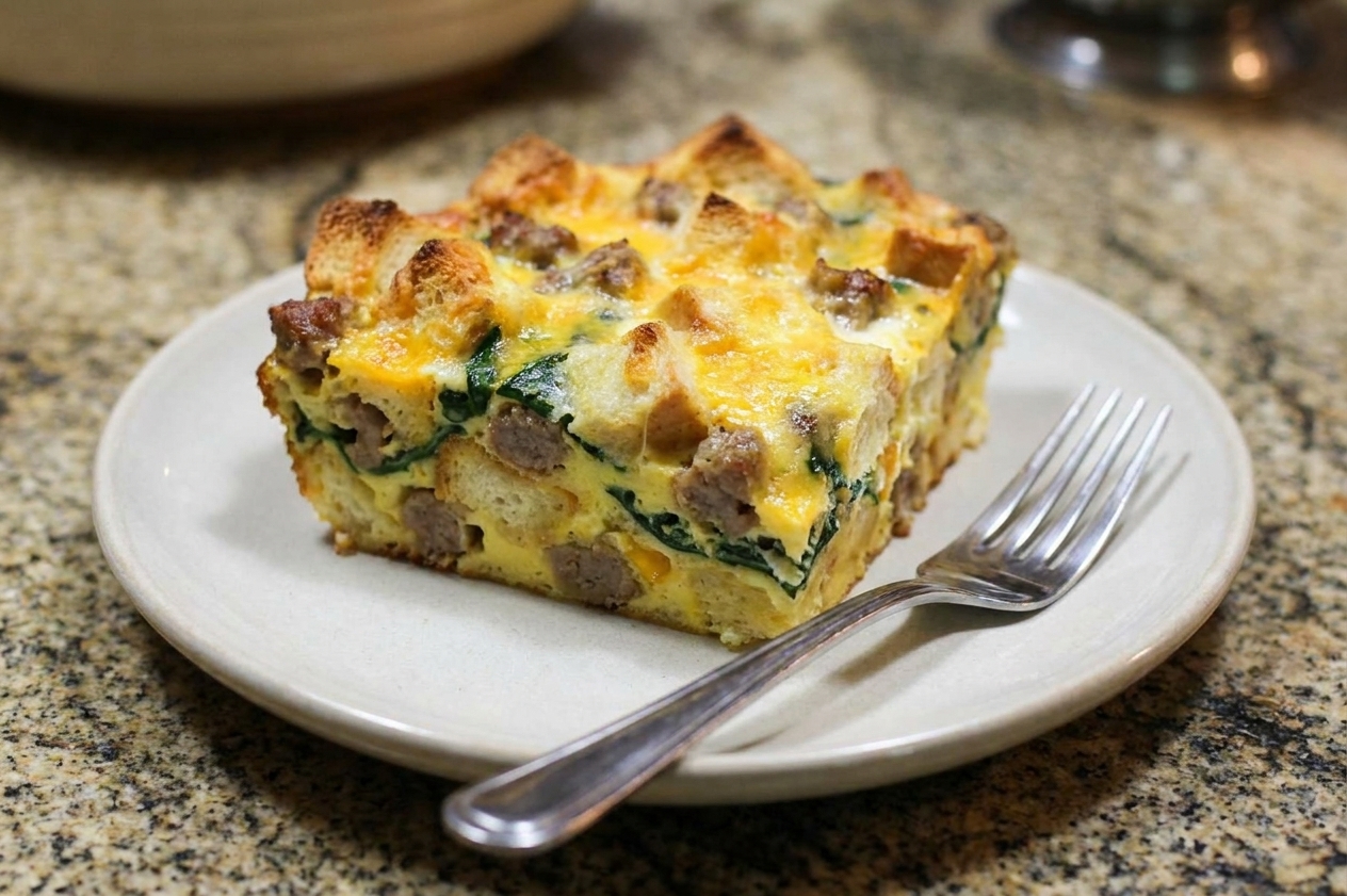 A single slice of breakfast strata on a plate with a fork beside it, showing a custardy interior with bread, sausage, and melted cheese