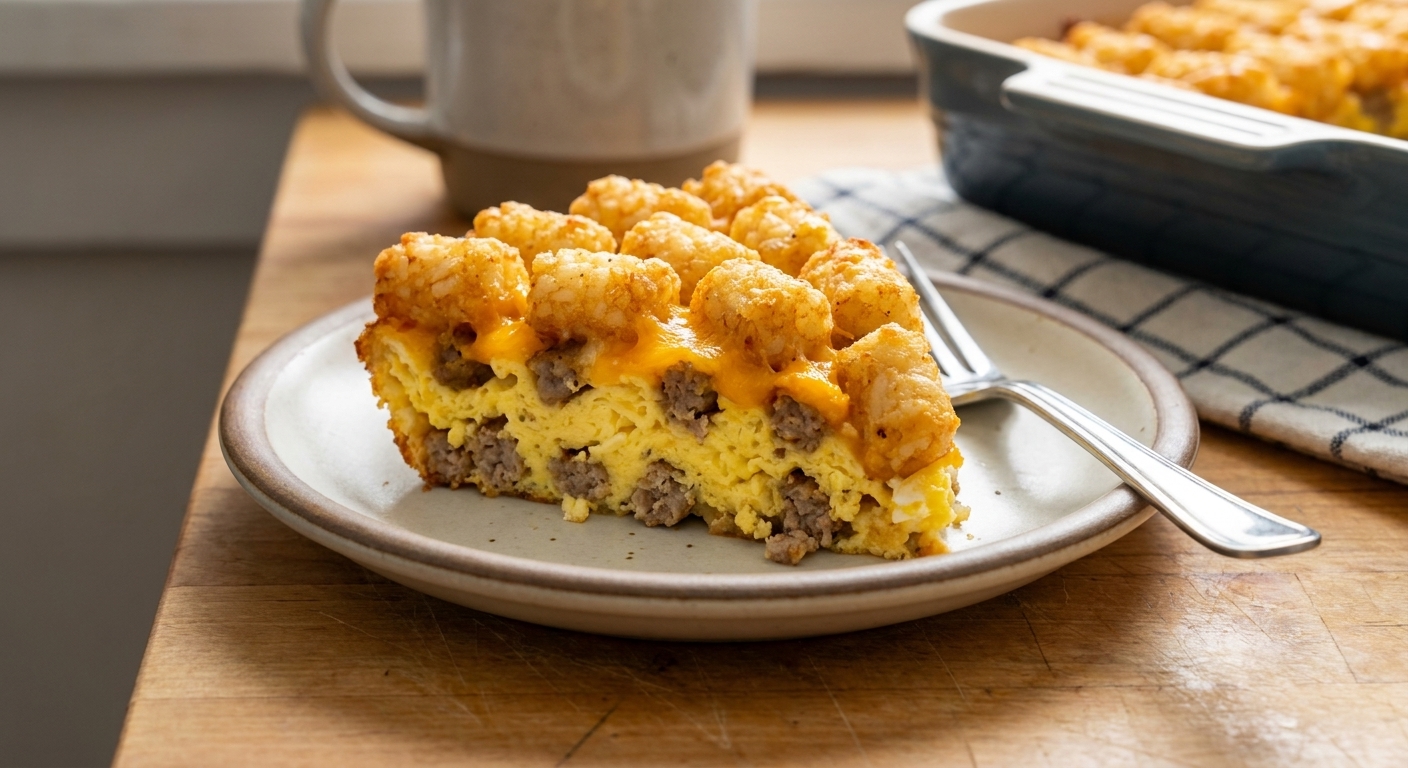 A single slice of breakfast tater tot casserole on a plate, showing layers of sausage, eggs, and melted cheese beneath crisp tater tots, photographed on a kitchen counter