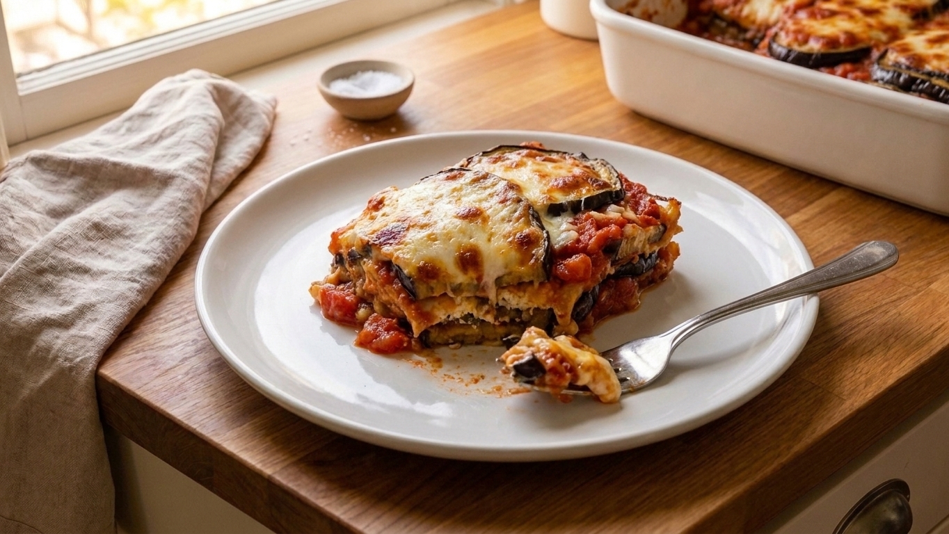A single slice of brinjal lasagna on a white plate with a fork, showing distinct eggplant layers and melted cheese on top