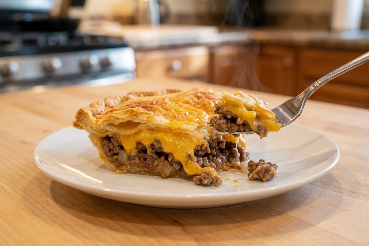 A single slice of cheeseburger pie on a white plate with a fork, showing layers of beef filling and melted cheddar under a golden baked topping