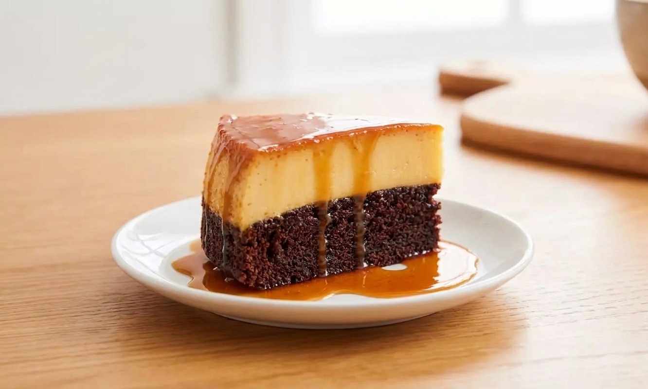 A single slice of chocoflan on a dessert plate showing the flan layer over chocolate cake with caramel sauce pooling around it