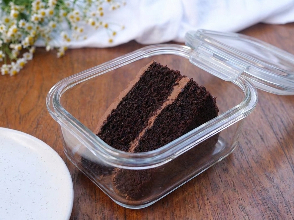 A single slice of chocolate cake in a clear airtight container on a kitchen counter, ready for storage