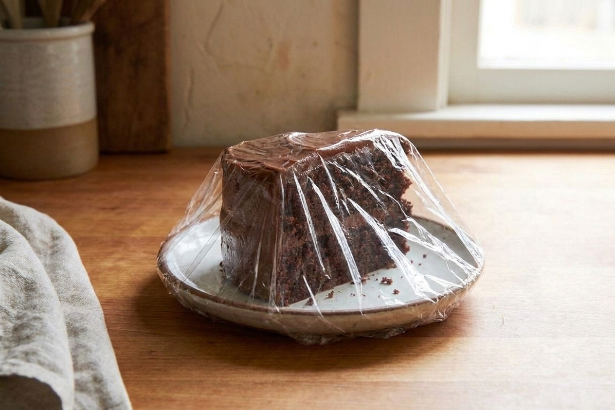 A single slice of chocolate cake wrapped in plastic wrap on a small plate on a kitchen counter, ready to store