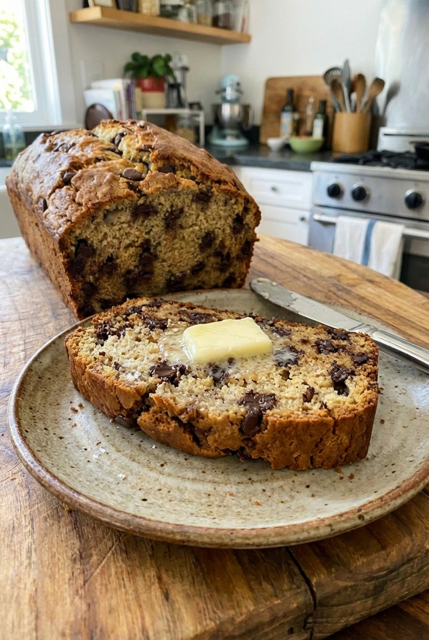 A single slice of chocolate chip banana bread on a plate with a pat of butter melting on top