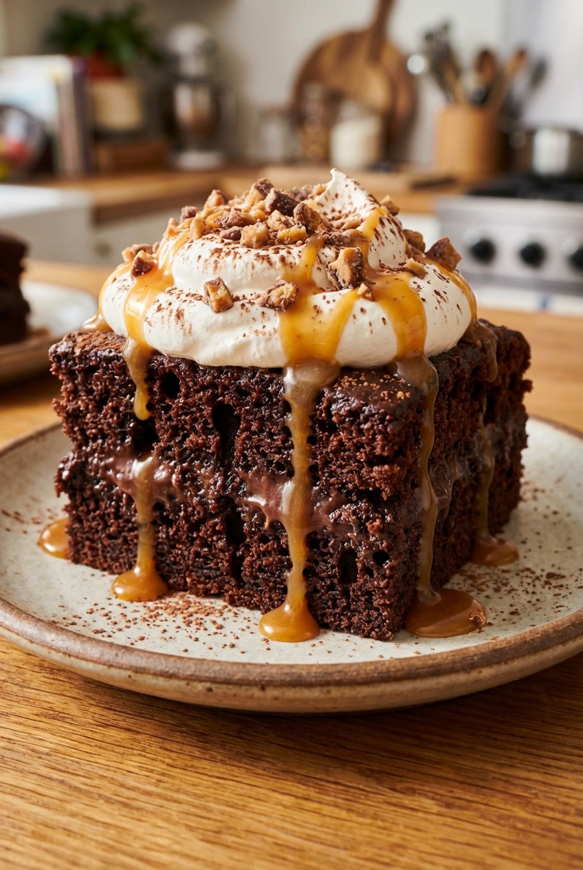 A single slice of chocolate poke cake on a plate, topped with whipped cream, toffee bits, and a light dusting of cocoa, with caramel sauce drizzled over the top