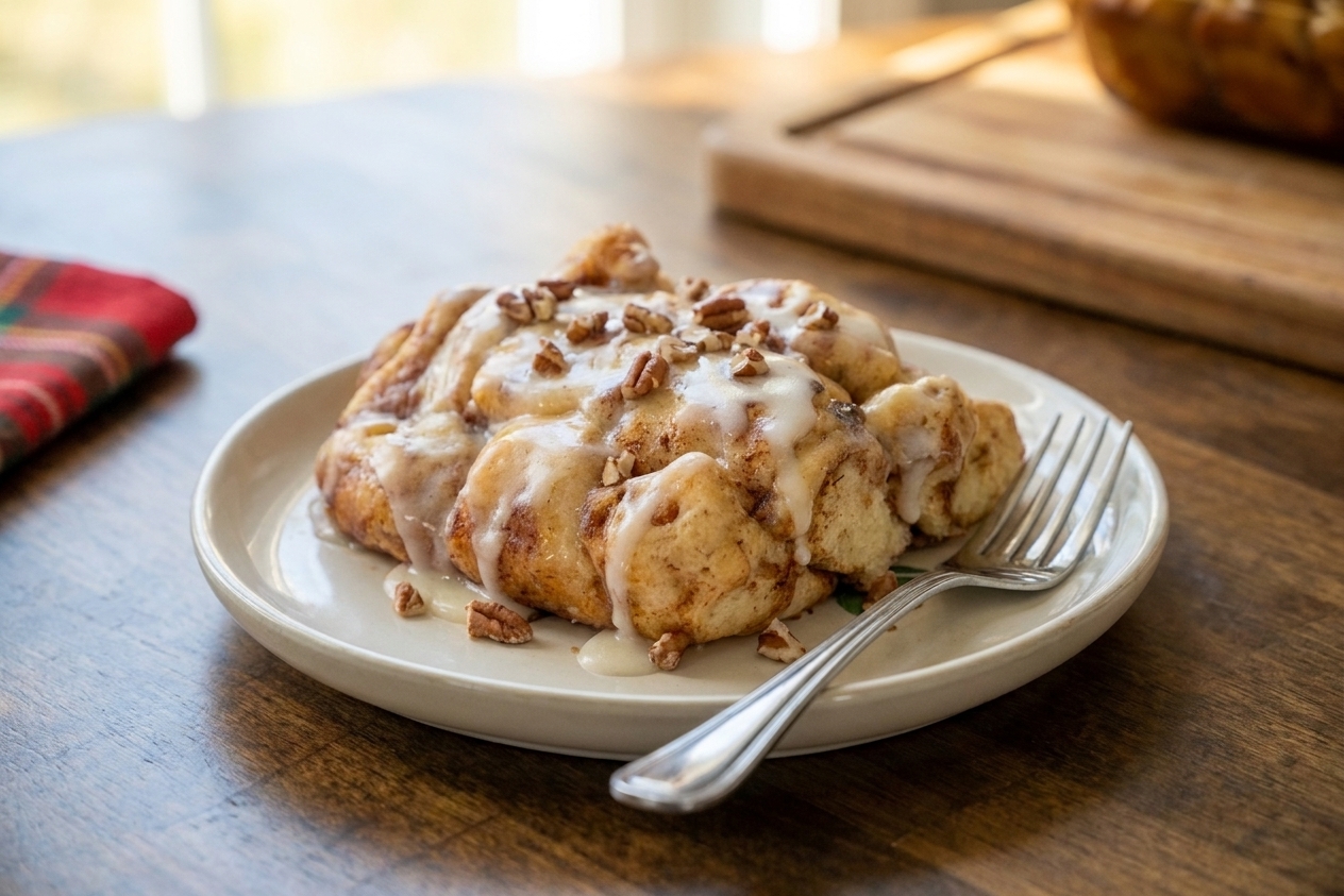 A single slice of cinnamon roll casserole on a small plate with a fork, icing slightly melted, on a wooden breakfast table