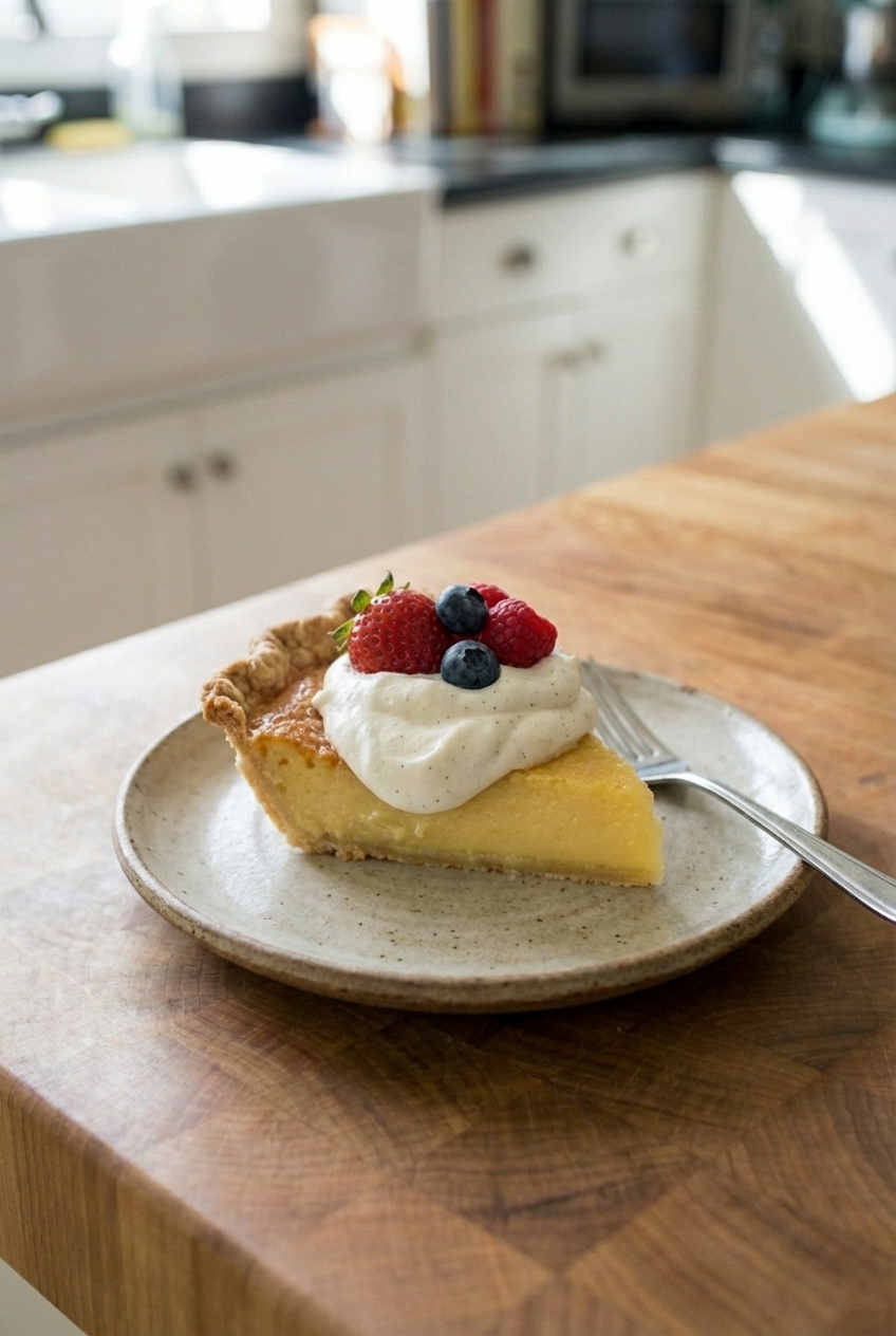 A single slice of citrus-kissed chess pie on a dessert plate with a dollop of whipped cream and a few fresh berries