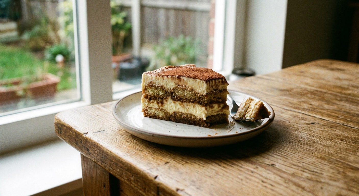 A single slice of classic tiramisu on a small dessert plate, showing distinct layers of espresso-soaked ladyfingers and mascarpone cream, topped with a light dusting of cocoa powder, natural window light