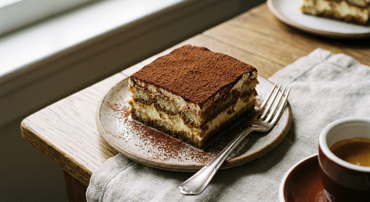 A single slice of classic tiramisu on a small plate with a thick cocoa-dusted top, creamy layers visible on the cut side, and a fork resting beside it, natural window light food photography