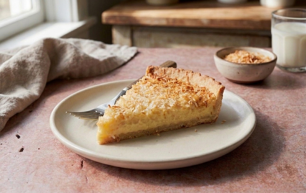 A single slice of coconut custard pie on a dessert plate, showing a creamy set custard and a golden flaky crust, with toasted coconut scattered on top on a bright kitchen table