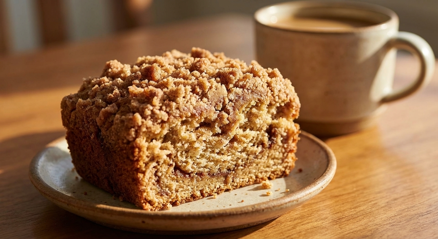 A single slice of coffee cake on a small plate, showing a thick layer of cinnamon streusel on top and a moist buttery crumb inside, with a cup of coffee blurred in the background, warm morning light, photorealistic food photography