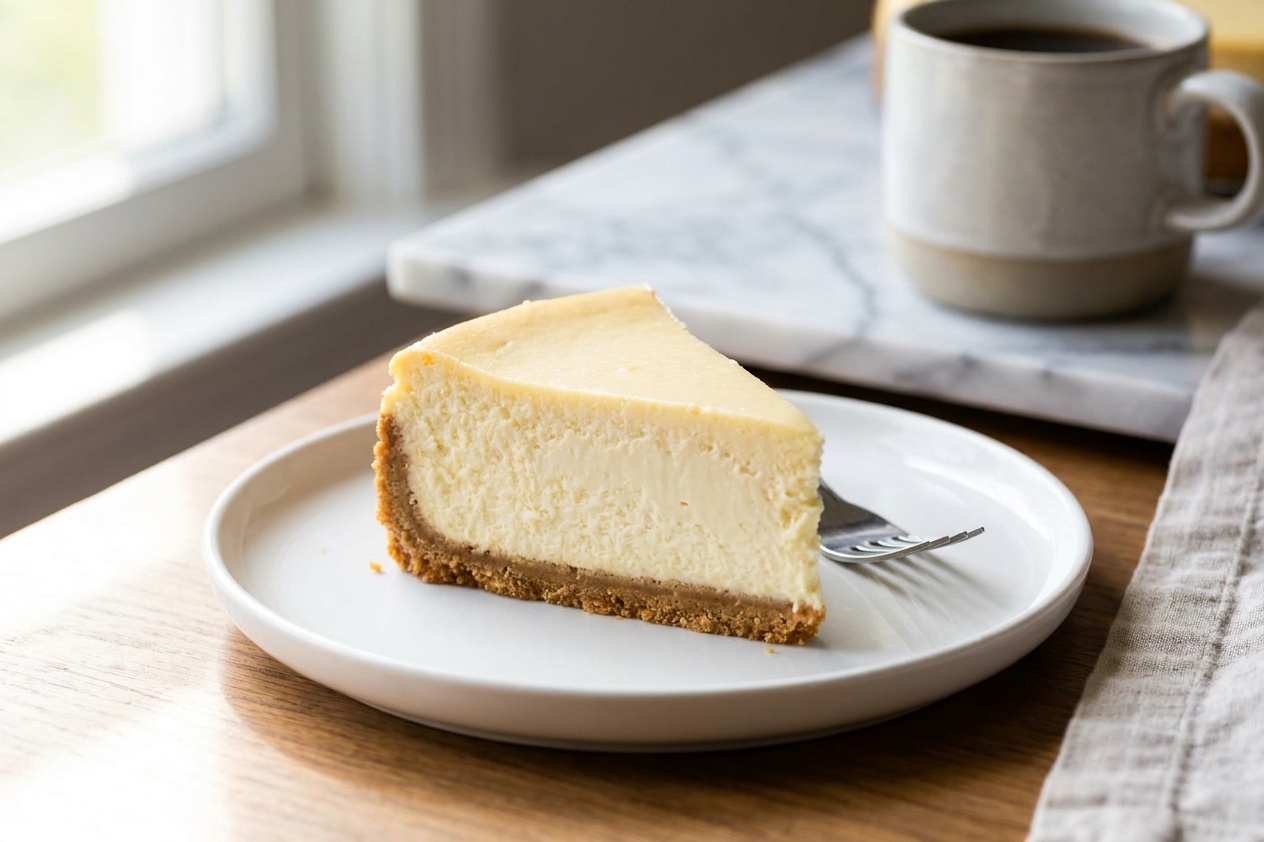 A single slice of creamy cheesecake with a graham cracker crust on a white plate, soft natural kitchen light, minimal table setting