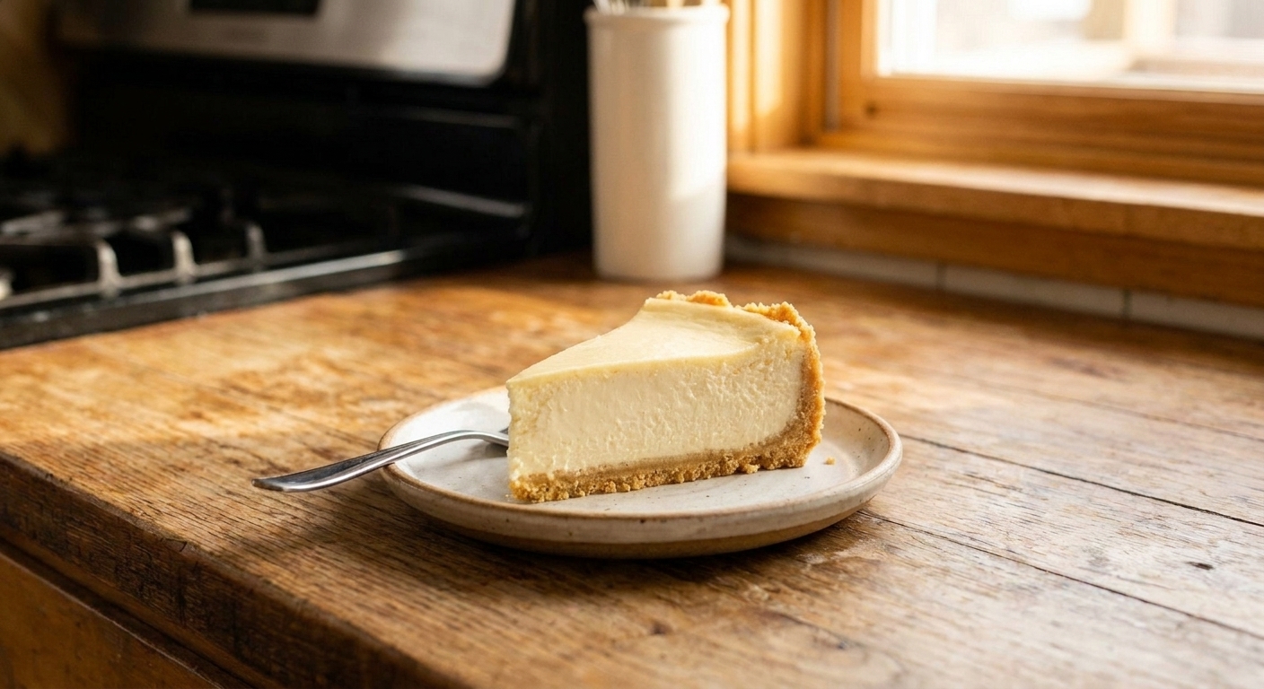 A single slice of creamy keto cheesecake with an almond flour crust on a small plate on a simple kitchen table