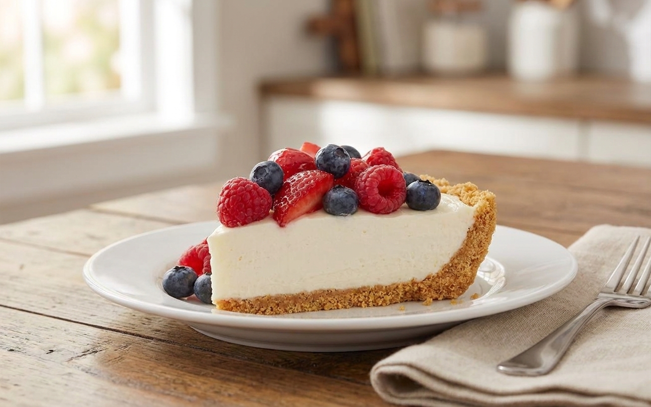 A single slice of creamy no-bake cheesecake on a white plate with a buttery crumb crust and a glossy berry topping on a wooden kitchen table in soft natural light