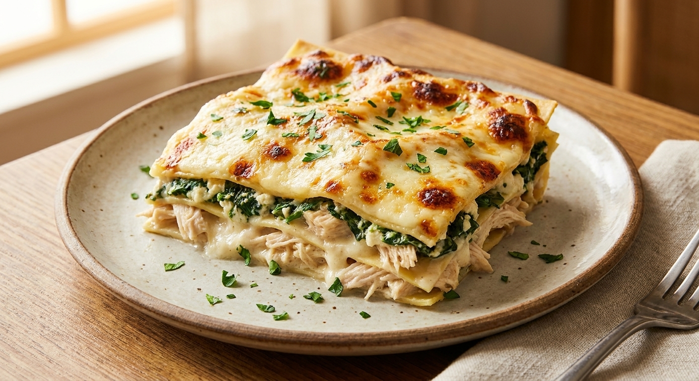 A single slice of creamy white chicken lasagna with spinach and ricotta on a plate, with bubbly browned mozzarella on top and a light sprinkle of parsley, warm kitchen lighting, real food photography