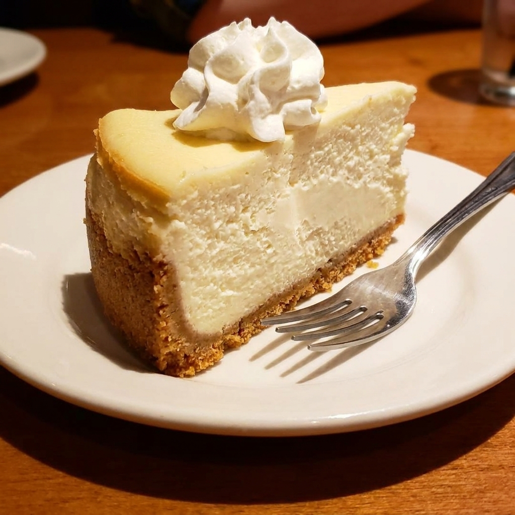 A single slice of dense New York style cheesecake on a dessert plate with a fork, showing a creamy interior and a buttery crust, close-up food photography