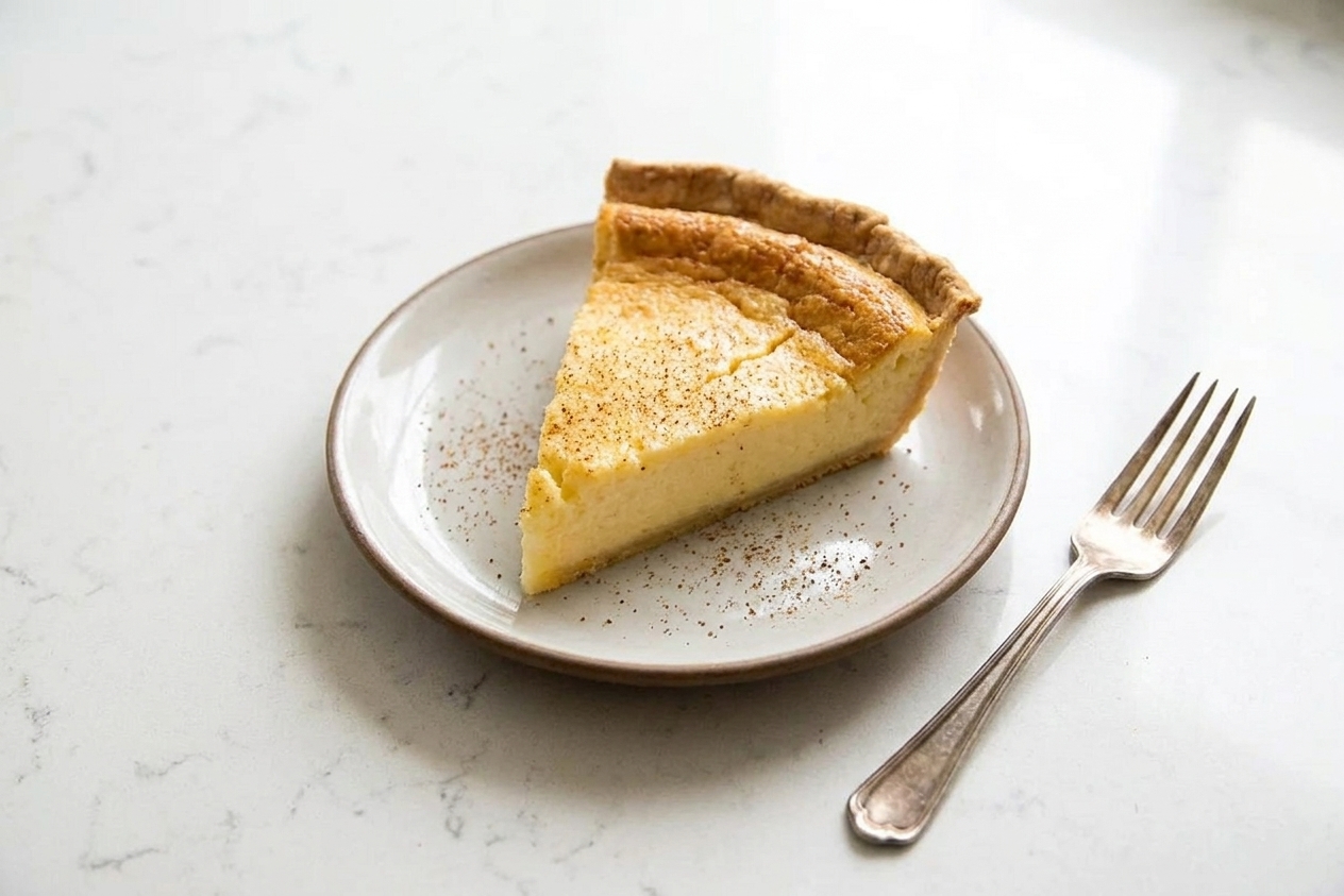 A single slice of egg custard pie on a dessert plate, topped with a light dusting of nutmeg, with a fork beside it