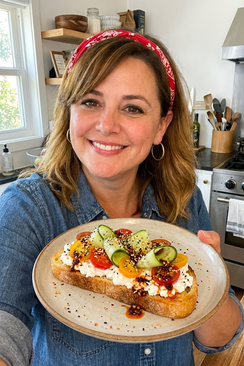 A single slice of golden sourdough toast topped with whipped cottage cheese, sliced cherry tomatoes, cucumber ribbons, everything bagel seasoning, and a drizzle of chili crisp on a ceramic plate in natural morning light