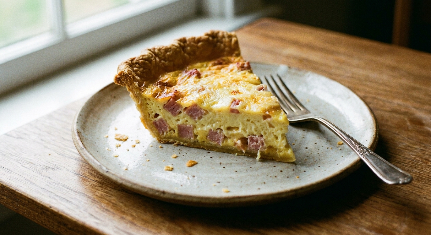 A single slice of ham and cheese quiche on a ceramic plate with a fork beside it, showing the flaky crust and creamy custard, natural light food photography