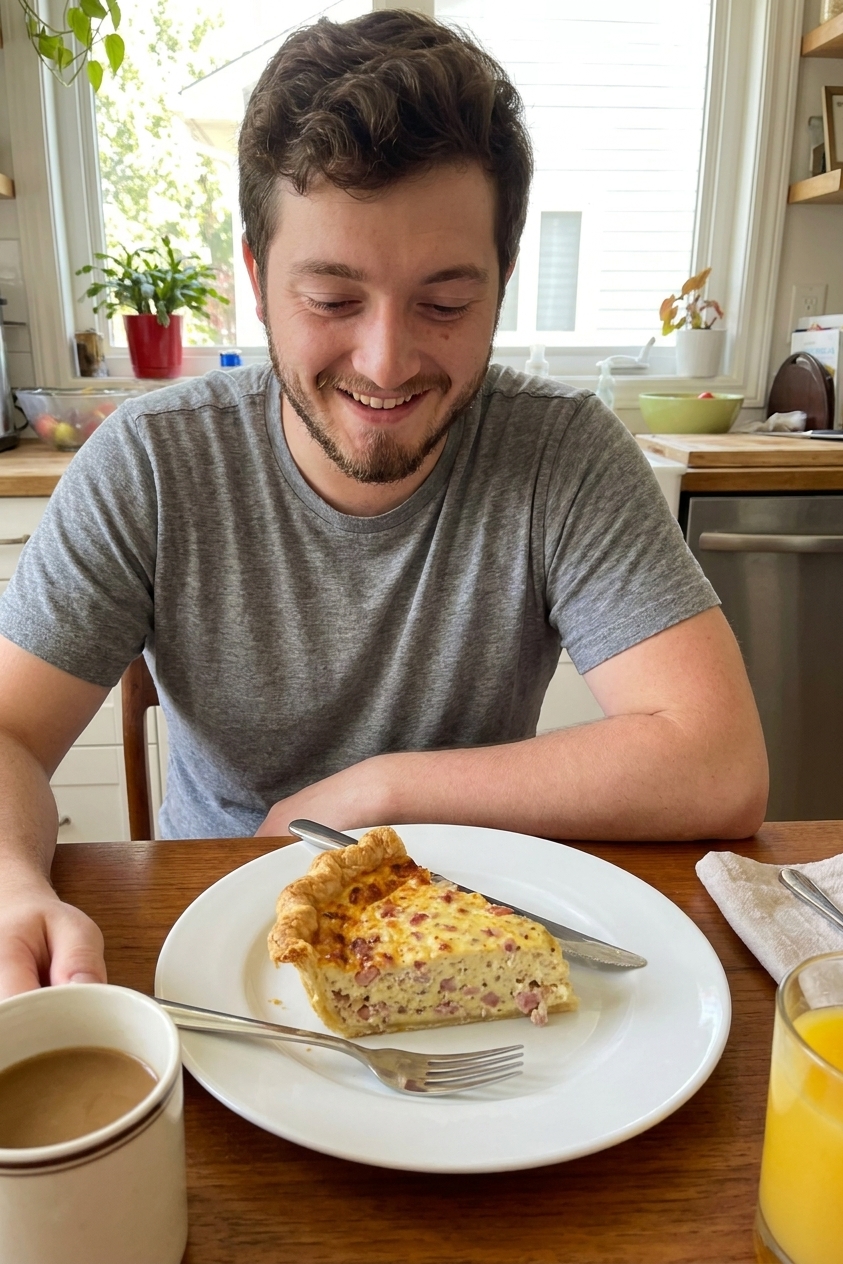 A single slice of ham and cheese quiche on a plate with a flaky crust and creamy filling, set on a breakfast table
