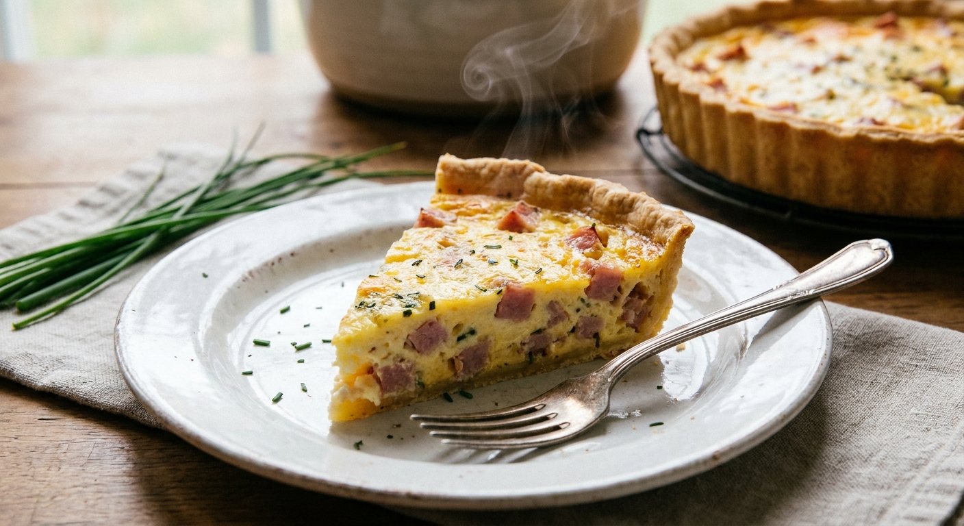 A single slice of ham and cheese quiche on a white plate with a fork beside it, steam just visible, real food photography