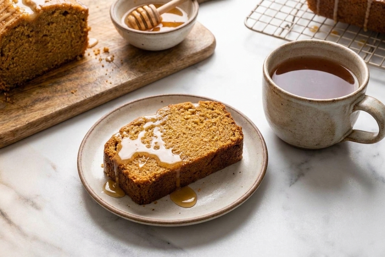 A single slice of honey cake on a small plate with a drizzle of honey and a cup of tea on a cozy kitchen table