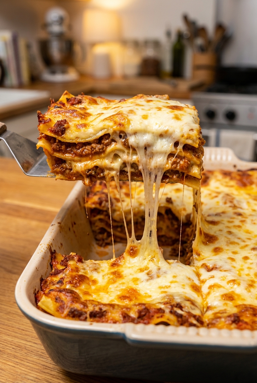 A single slice of lasagna lifted from the pan with stretchy melted mozzarella and distinct cheese layers