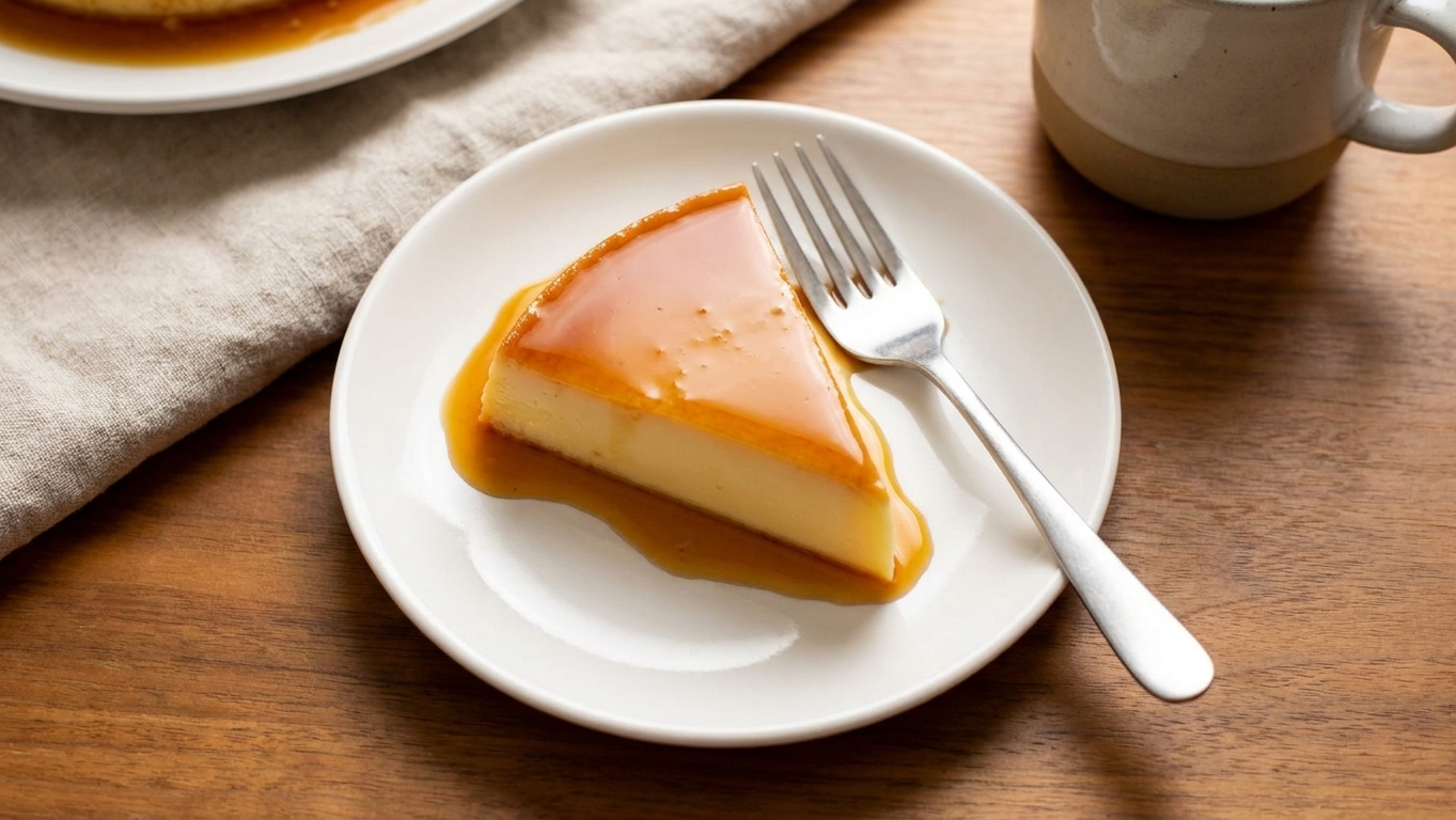 A single slice of leche flan on a dessert plate with caramel sauce and a fork beside it