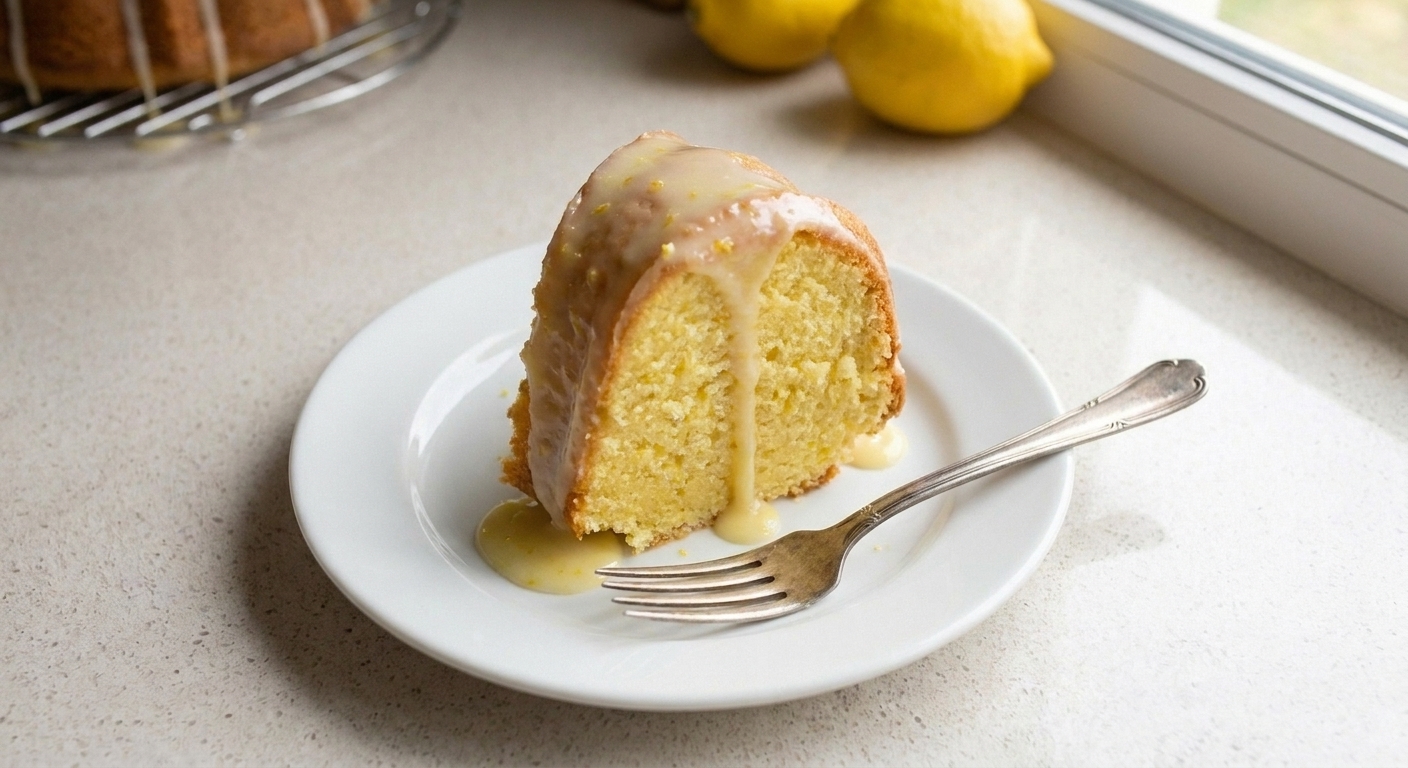 A single slice of lemon Bundt cake on a small plate with glossy glaze, with a fork beside it on a simple table setting