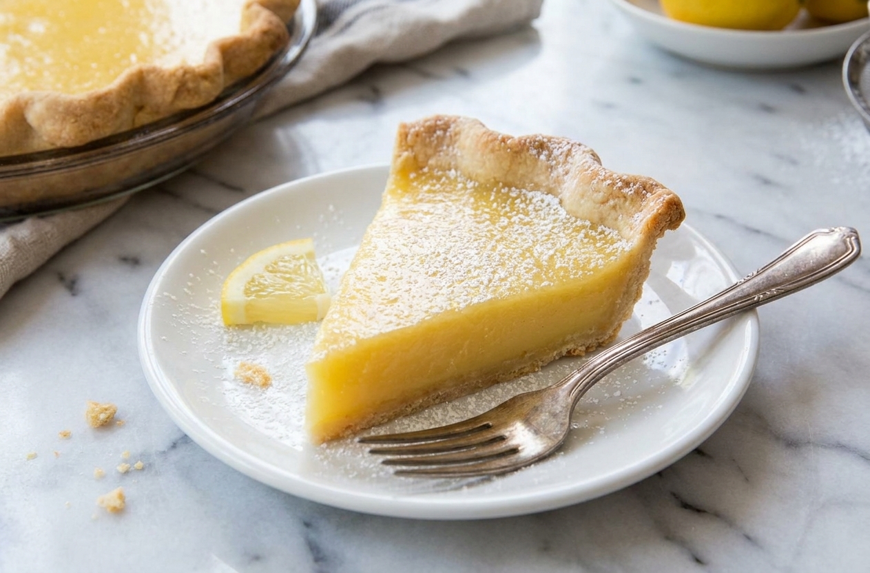 A single slice of lemon tart on a dessert plate with a fork beside it, showing a crisp crust and smooth pale-yellow filling