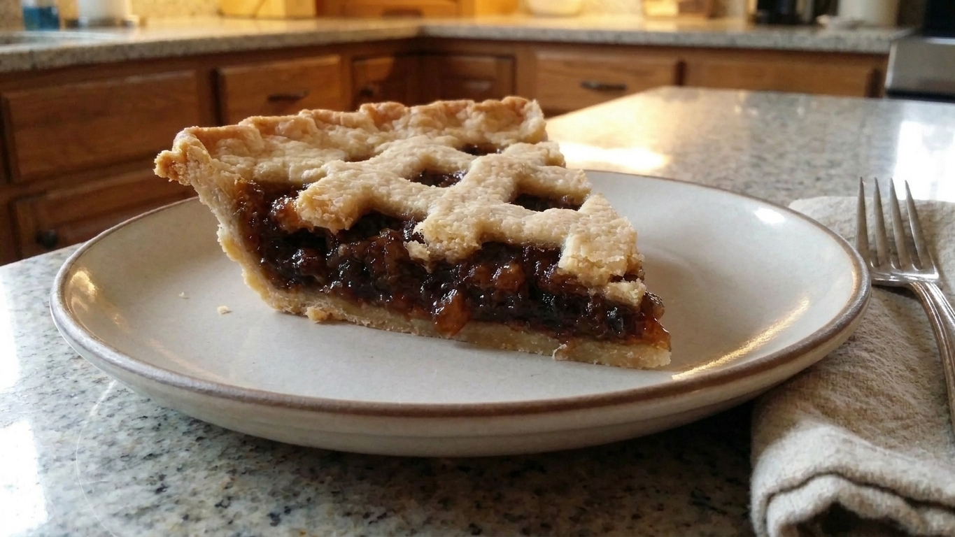 A single slice of mincemeat pie on a dessert plate with a fork, showing the dark, glossy spiced filling and flaky crust