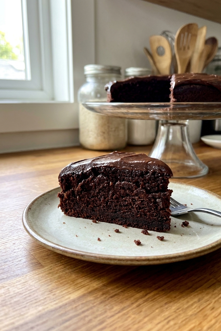 A single slice of moist sourdough chocolate cake with glossy chocolate frosting on a plate, set on a home kitchen countertop with a cake stand in the background, natural window light