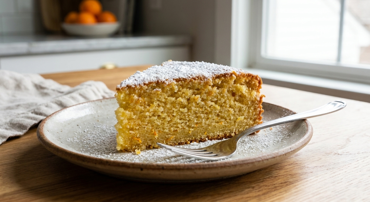 A single slice of orange olive oil cake on a dessert plate showing a moist crumb, topped with powdered sugar, with a fork beside it, realistic food photography