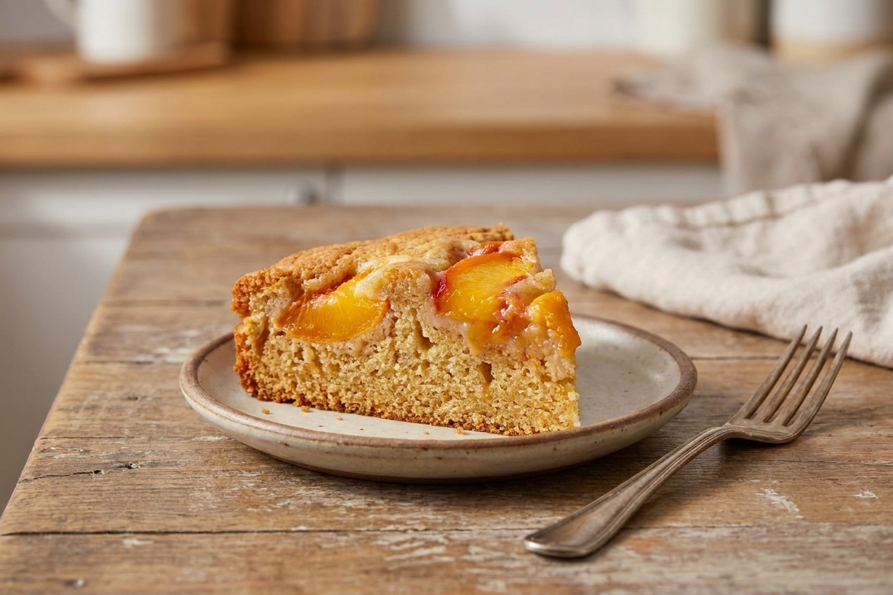 A single slice of peach cake on a small plate with a fork beside it on a wooden table, soft natural light